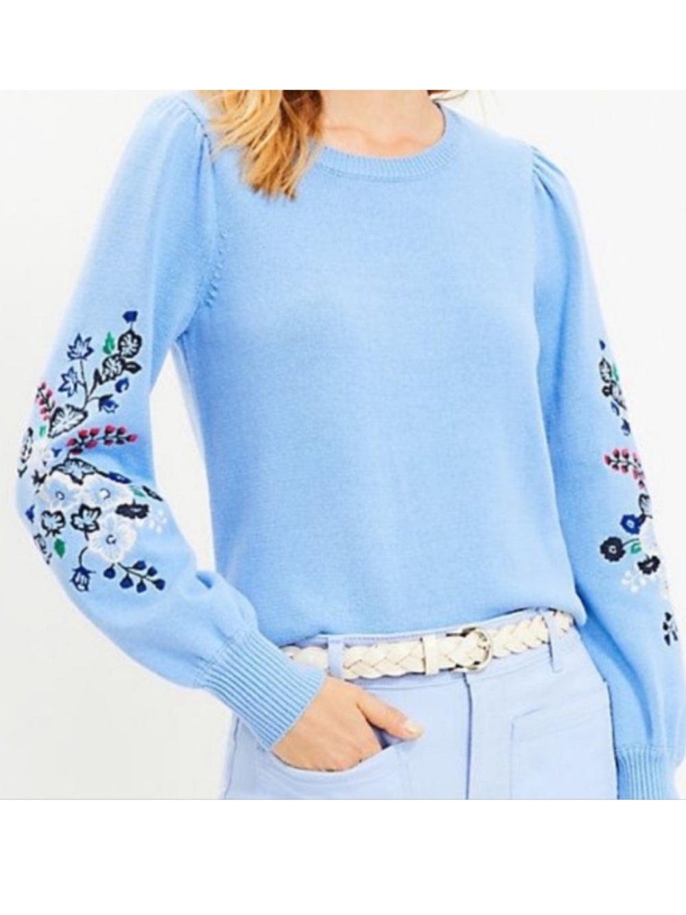 LOFT Sky Blue Crewneck Sweater with Floral Embroidered Sleeves